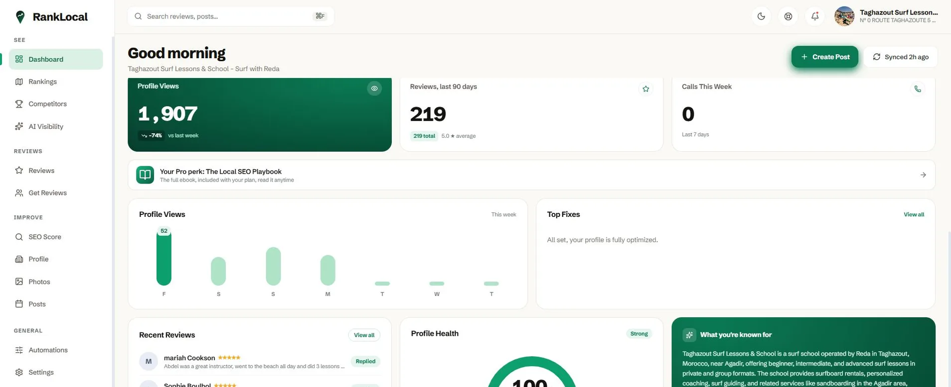 RankLocal dashboard showing profile views, reviews in the last 90 days, calls, and top fixes