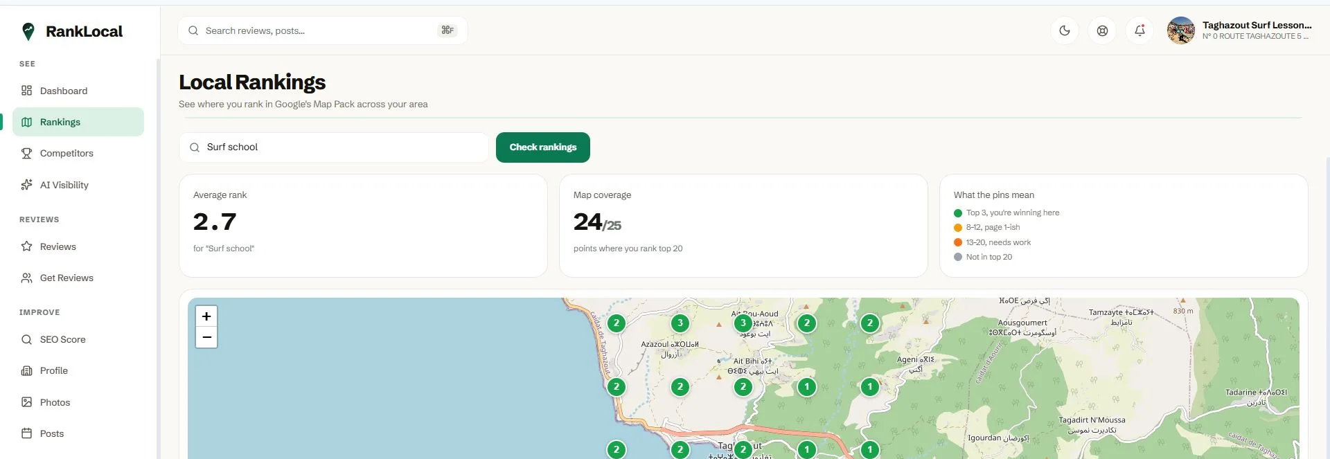 RankLocal geo-grid local rank tracker showing Google Map Pack positions across a service area