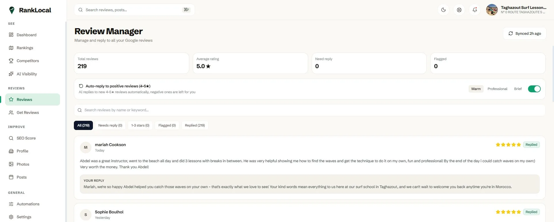 RankLocal review inbox with one-click AI replies to Google reviews