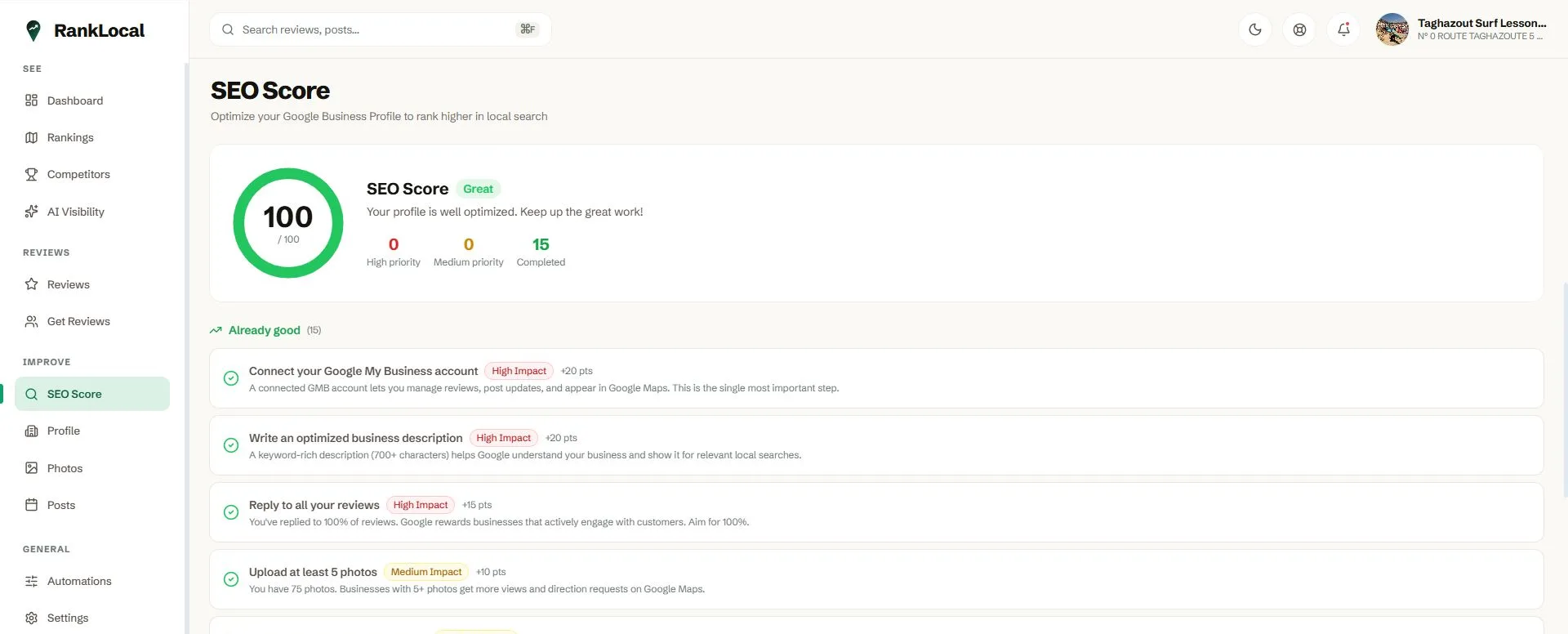 RankLocal local SEO score with profile and website audit and one-click fixes